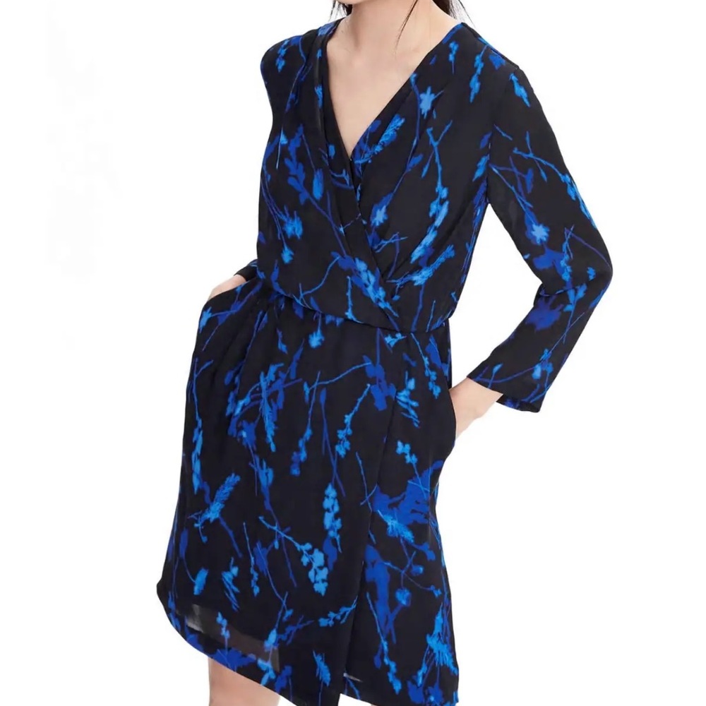 Banana Republic Black Blue Watercolor Faux Wrap Dress Size 6